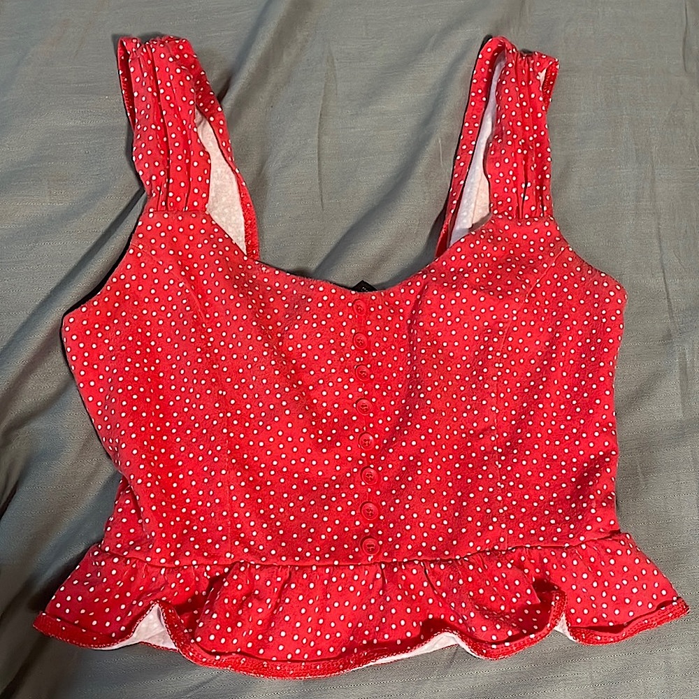 Forever 21 Red Polka Dot Cropped Tank Top with Ruffled Bottom